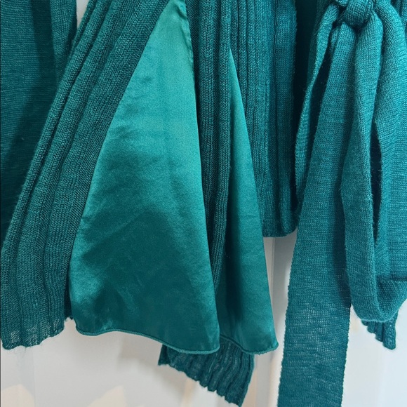 Anthro Knitted & Knotted Teal Open-Front Silk Trim Cardigan Sweater Size M NWT - Picture 11 of 15